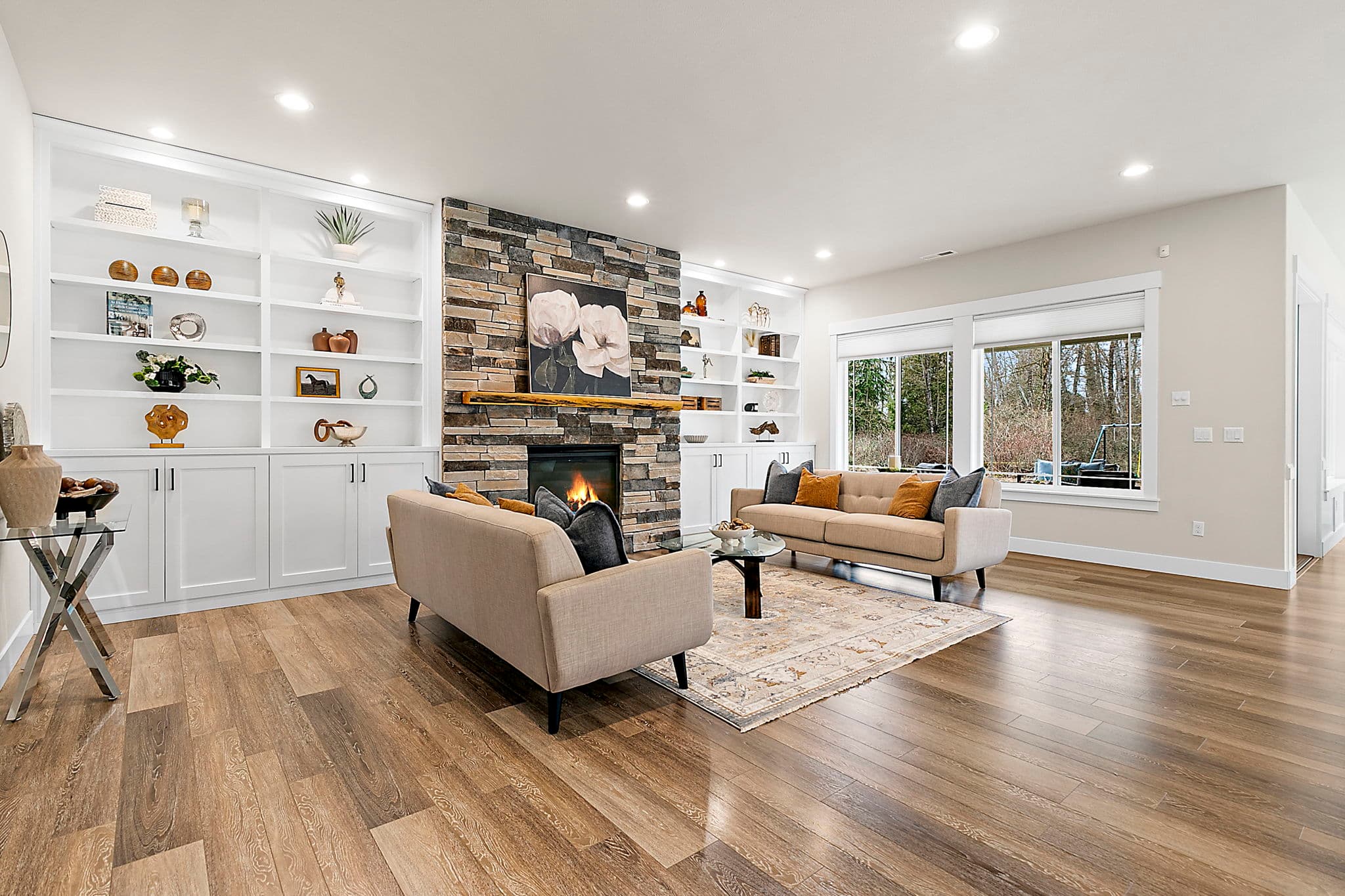 Great room with built-ins and fireplace